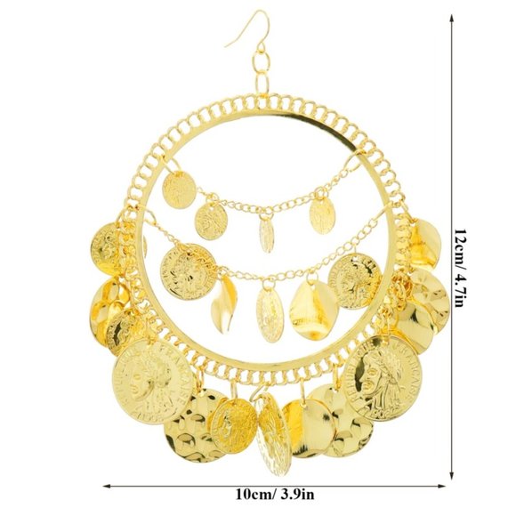 Giant gold Tone Gypsy Hoop earrings covered in gold coin charms - Picture 5 of 6